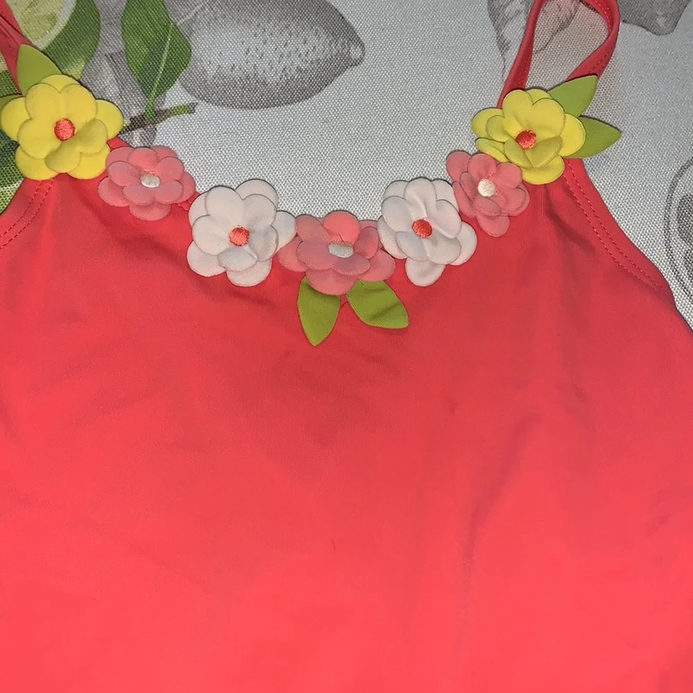 Gymboree Coral With Floral Neckline One-Piece Bathing Suit sz 9 EUC